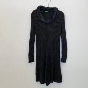 United Colors of Benetton Gray Knit Long Sleeve Midi Dress w/ Faux Fur Sz M Wool